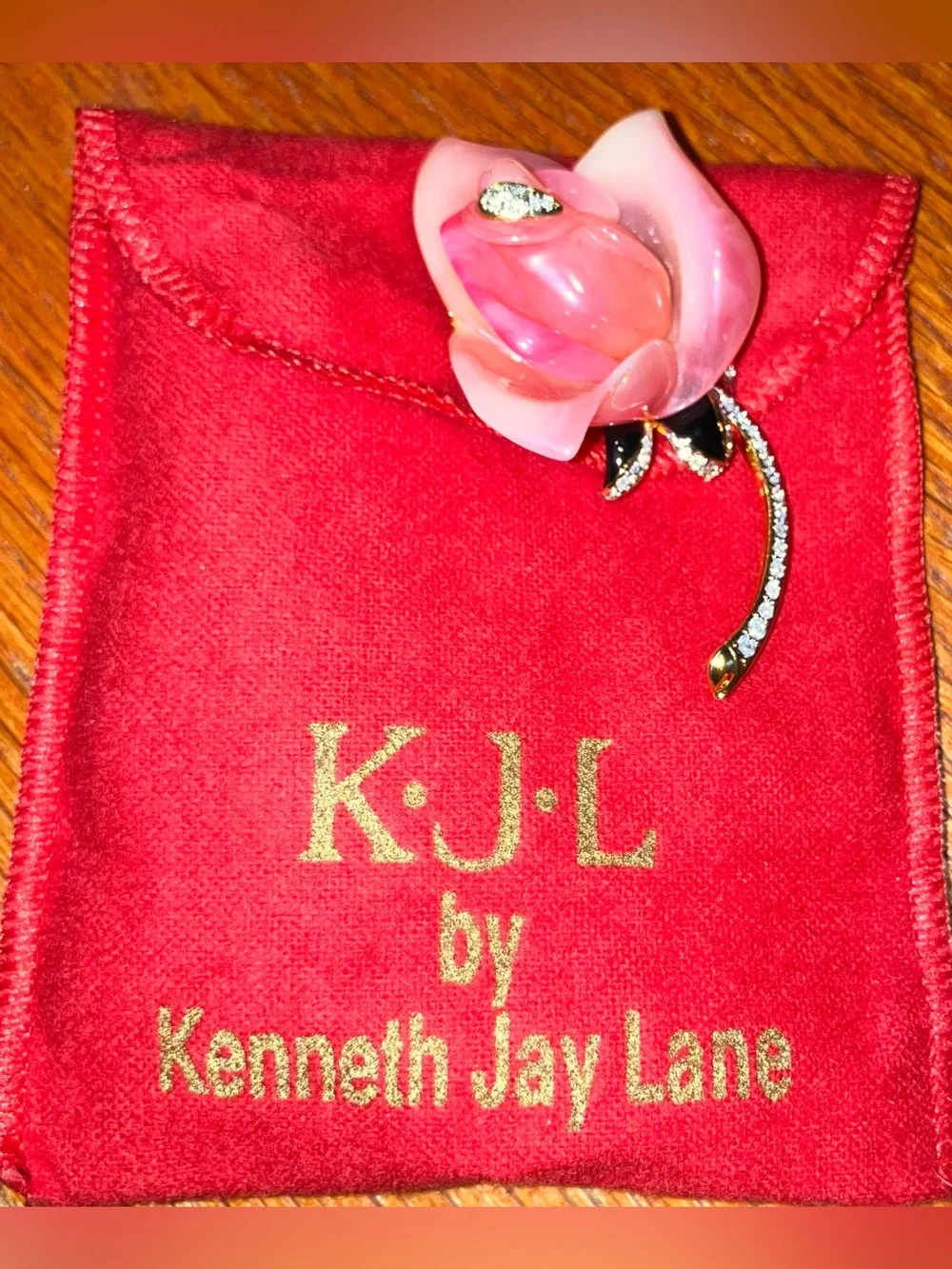 NEW Kenneth Jay Lane KJL Pink Resin Rose Brooch with Gold-Tone Black Enamel Stem